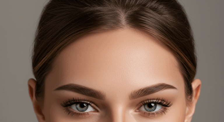 Gros plan du visage d'une femme aux cheveux bruns, à la peau claire et aux yeux bleus, se concentrant sur ses sourcils bien définis et ses longs cils.