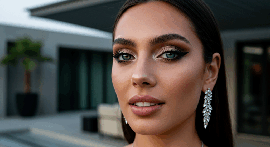 A close-up portrait of a woman with striking makeup, featuring dark eyeliner, bold eyebrows, and glossy lips. She is wearing large dangling earrings and has her hair styled in a sleek, straight manner. The background is out of focus, highlighting her facial features and elegant appearance.