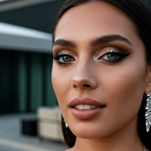A close-up portrait of a woman with striking makeup, featuring dark eyeliner, bold eyebrows, and glossy lips. She is wearing large dangling earrings and has her hair styled in a sleek, straight manner. The background is out of focus, highlighting her facial features and elegant appearance.