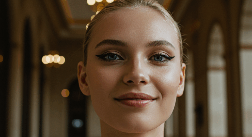 A young woman with blonde hair tied back, wearing subtle makeup with winged eyeliner, standing indoors with soft lighting and a blurred background.