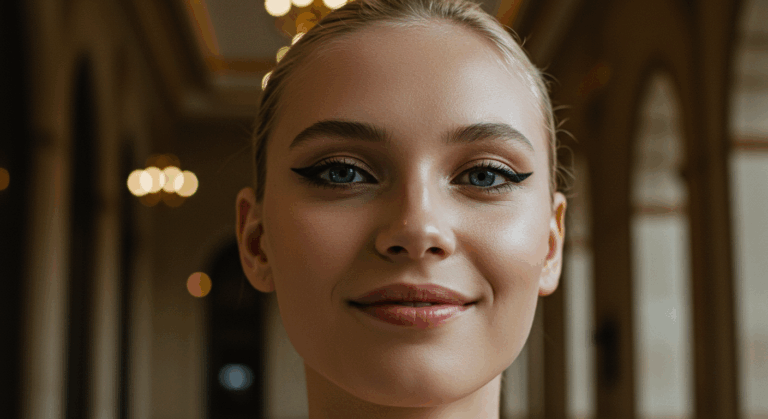 امرأة شابة ذات شعر أشقر مربوط للخلف، وترتدي مكياجًا خفيفًا مع كحل مجنح، وتقف في الداخل مع إضاءة خافتة وخلفية غير واضحة.