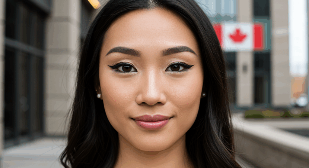 A headshot of a woman with long black hair, standing outdoors in a city setting with the Canadian flag visible in the background.