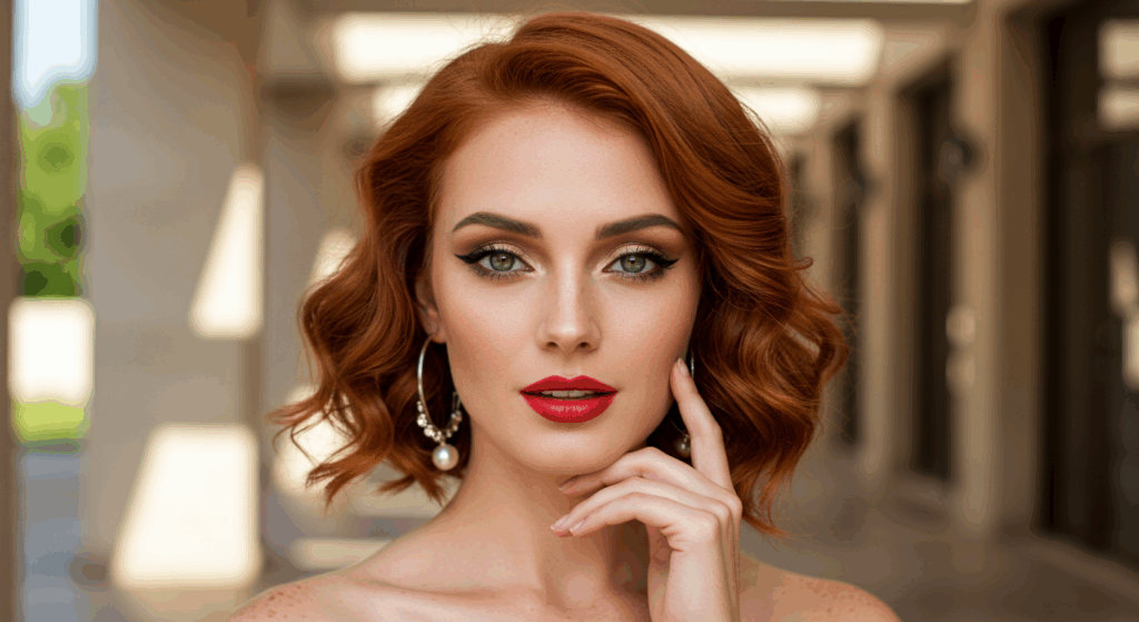 A woman with short reddish-brown hair wearing red lipstick, posing with her hand gently touching her chin.