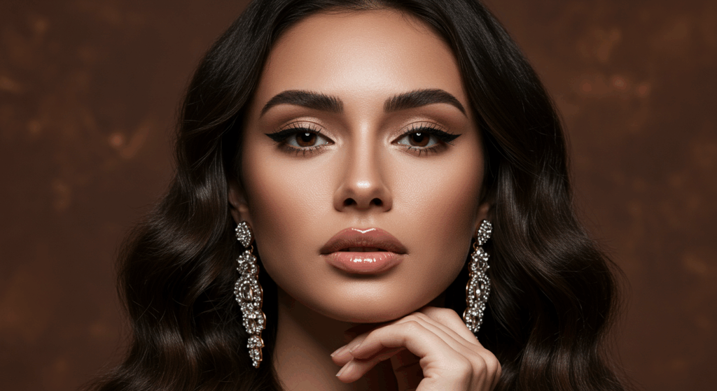 A glamorous portrait of a woman with long, wavy dark hair, wearing dramatic makeup with smoky eyes and nude lips. She has large, dangling diamond earrings and is posing with her hand gently touching her chin. The background is a soft, warm brown with subtle sparkles.