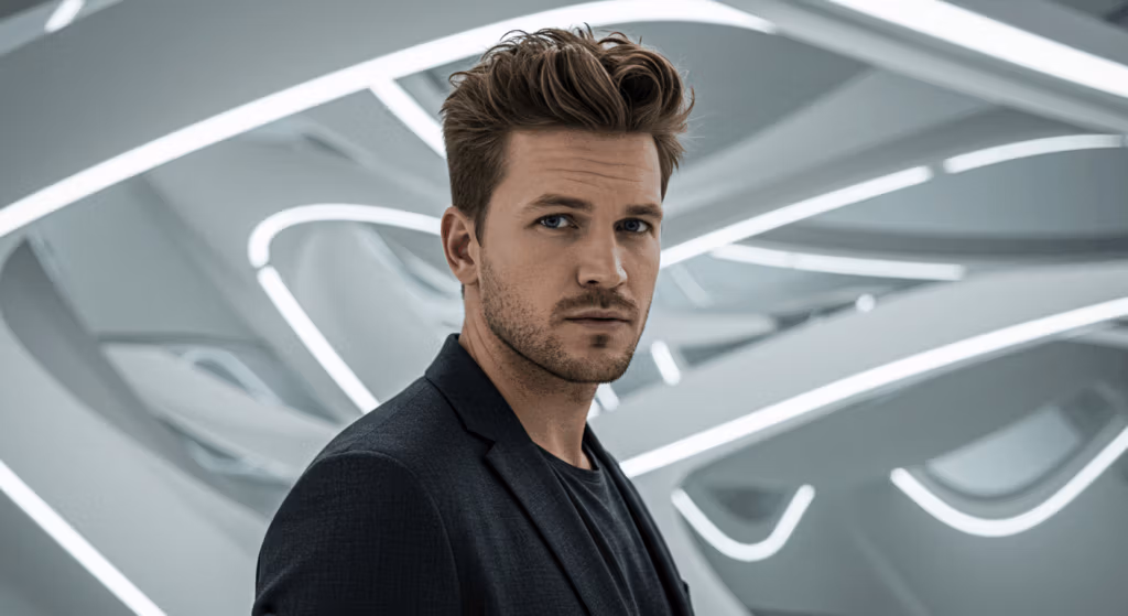 A man with short brown hair and blue eyes wearing a dark jacket stands in front of a background with curved white lines on a gray surface.