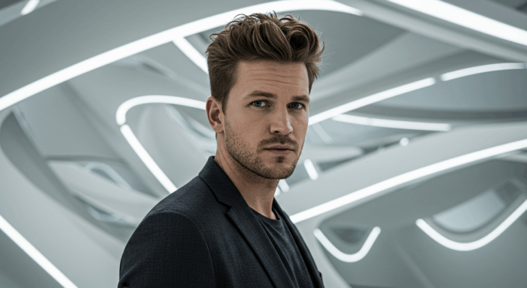 Kısa kahverengi saçlı, mavi gözlü, koyu renk ceketli bir adam, gri bir yüzey üzerinde kavisli beyaz çizgiler bulunan bir arka planın önünde duruyor.