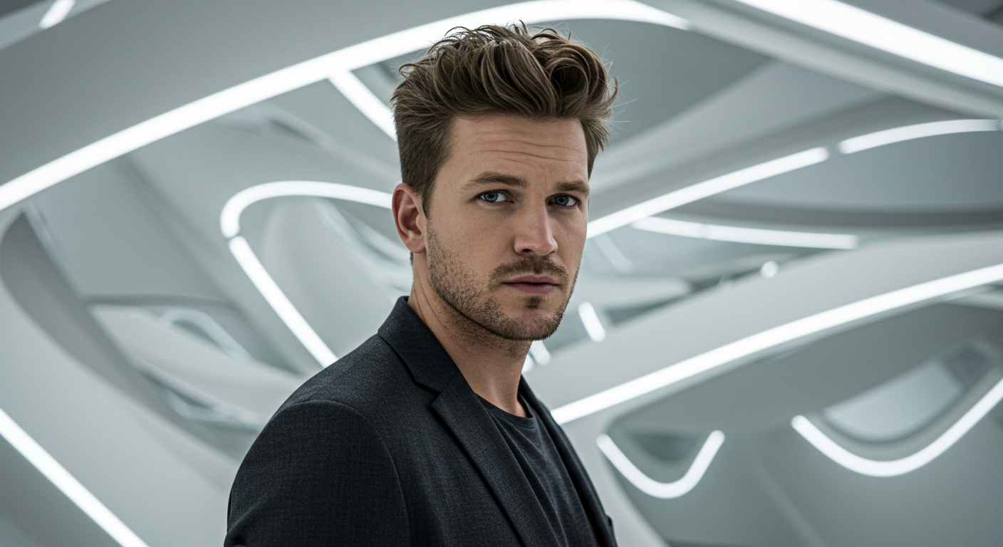 A man with short brown hair and blue eyes wearing a dark jacket stands in front of a background with curved white lines on a gray surface.