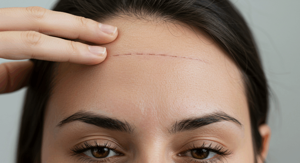 A close-up image of a woman's forehead with a visible surgical scar, likely from a recent procedure. The scar is horizontal and runs across the upper part of the forehead, just below the hairline. The woman's hand is gently touching the area around the scar.