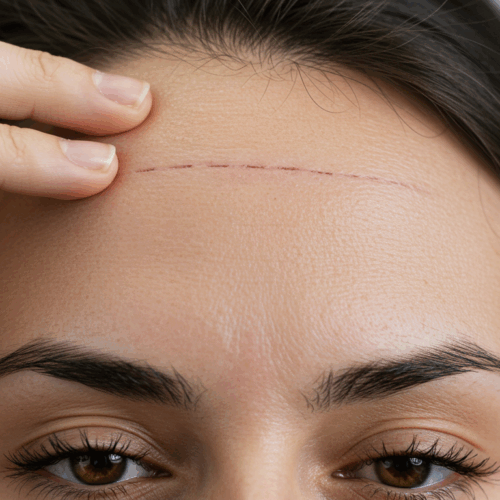 A close-up image of a woman's forehead with a visible surgical scar, likely from a recent procedure. The scar is horizontal and runs across the upper part of the forehead, just below the hairline. The woman's hand is gently touching the area around the scar.