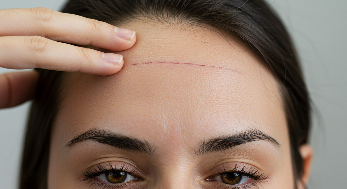 A close-up image of a woman's forehead with a visible surgical scar, likely from a recent procedure. The scar is horizontal and runs across the upper part of the forehead, just below the hairline. The woman's hand is gently touching the area around the scar.