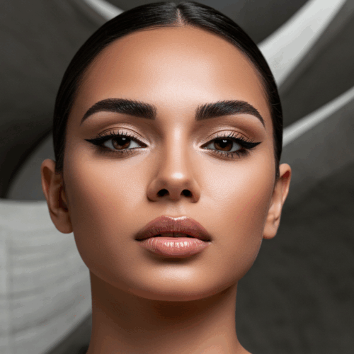 Een close-upportret van een vrouw met perfect aangebrachte make-up, met opvallende eyeliner en glanzende lippen, staande voor een moderne abstracte achtergrond.