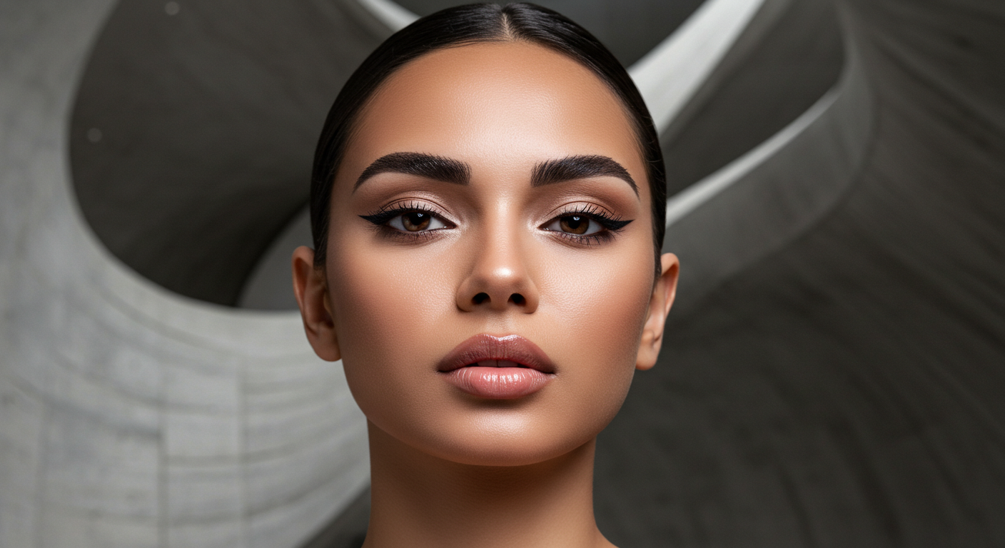 A close-up portrait of a woman with perfectly styled makeup, featuring bold eyeliner and glossy lips, standing in front of a modern abstract background.
