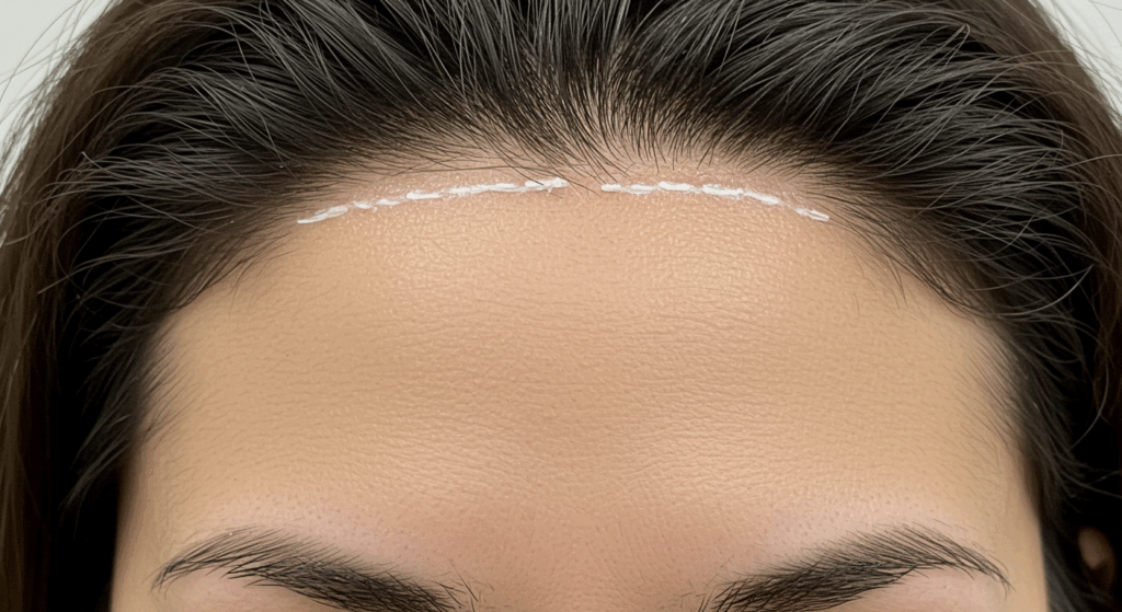 Photo of a person's forehead with a marked line indicating hairline measurement or treatment area.