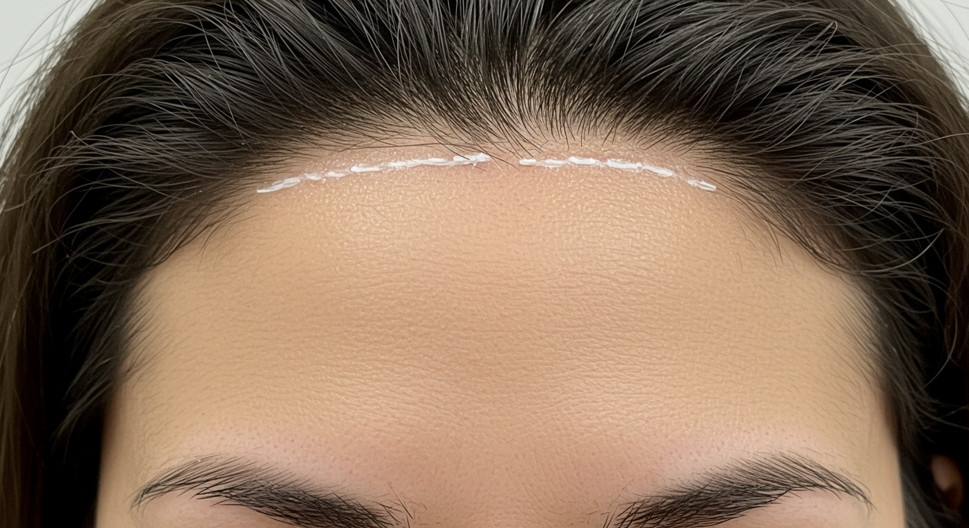 Photo of a person's forehead with a marked line indicating hairline measurement or treatment area.