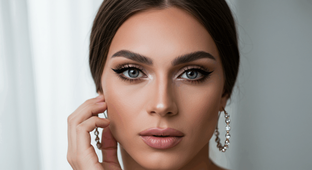 A close-up portrait of a woman with striking blue eyes and perfectly styled makeup, including winged eyeliner. She wears large, elegant earrings and has her hand gently touching her face, showcasing a sophisticated and glamorous look.