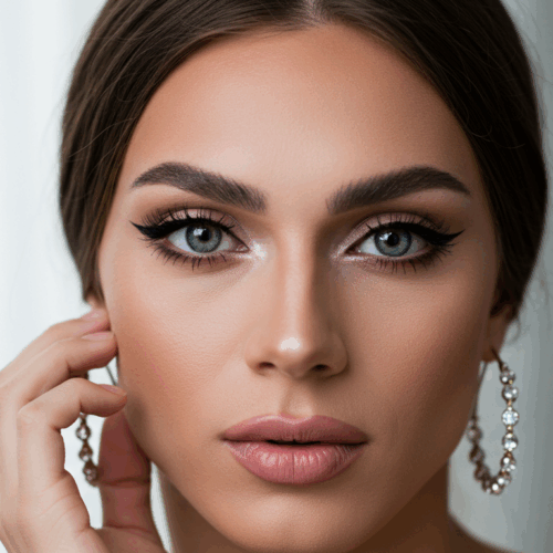 A close-up portrait of a woman with striking blue eyes and perfectly styled makeup, including winged eyeliner. She wears large, elegant earrings and has her hand gently touching her face, showcasing a sophisticated and glamorous look.