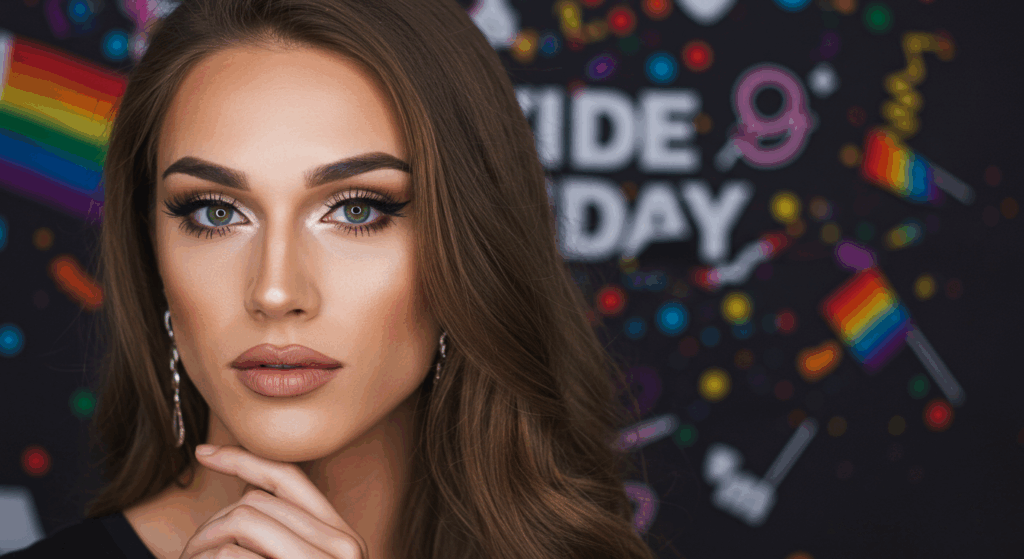 A woman with long brown hair, bold eyebrows, and glamorous makeup, posing confidently with her hand resting on her chin against a vibrant Pride Day backdrop featuring colorful confetti and rainbow elements.