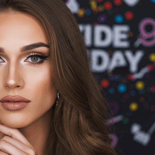 A woman with long brown hair, bold eyebrows, and glamorous makeup, posing confidently with her hand resting on her chin against a vibrant Pride Day backdrop featuring colorful confetti and rainbow elements.