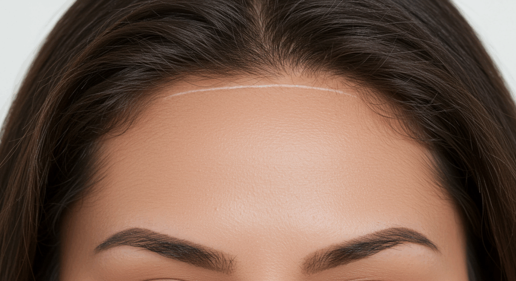 A close-up image of a woman's forehead with a faint horizontal scar across it, likely from a surgical procedure.