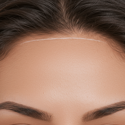 A close-up image of a woman's forehead with a faint horizontal scar across it, likely from a surgical procedure.