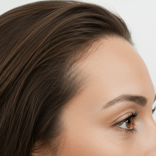 A close-up side profile of a woman with smooth skin, showing the area from the forehead to the tip of the nose, emphasizing the eyebrow and eyelashes.
