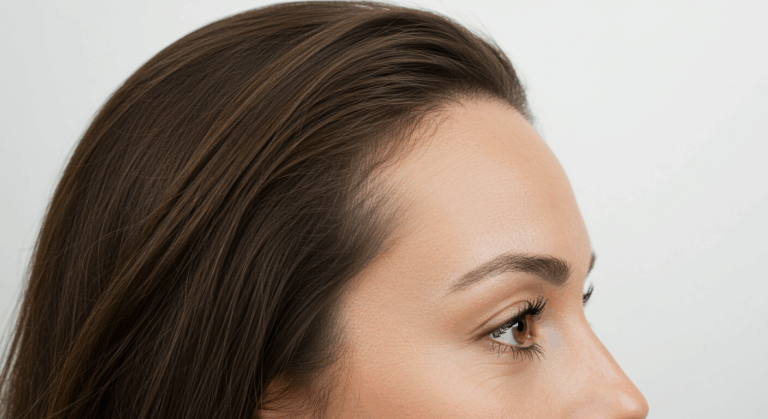 A close-up side profile of a woman with smooth skin, showing the area from the forehead to the tip of the nose, emphasizing the eyebrow and eyelashes.