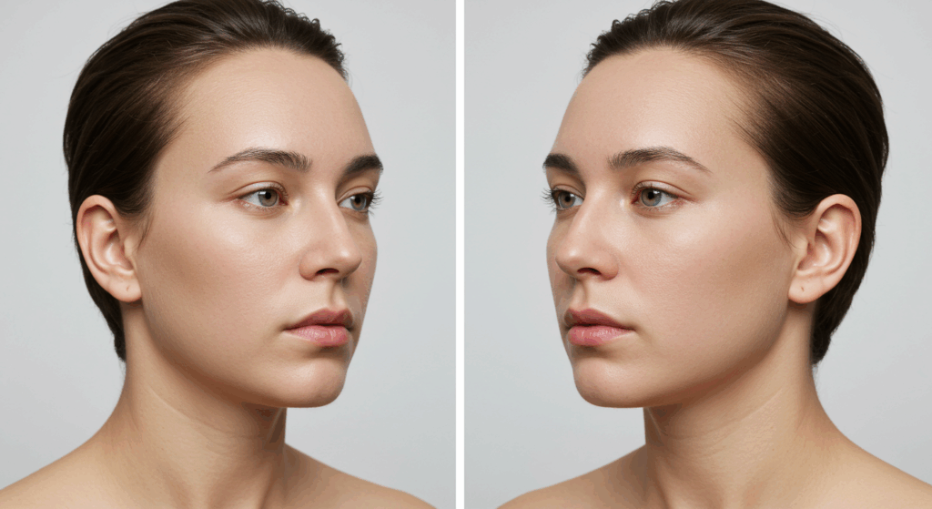 Profile view of a young woman before and after a cosmetic procedure, showcasing changes in facial symmetry and jawline contouring.