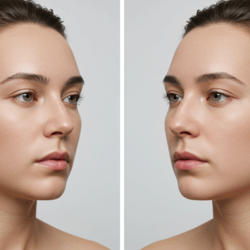 Vista de perfil de una mujer joven antes y después de un procedimiento cosmético, que muestra cambios en la simetría facial y el contorno de la mandíbula.