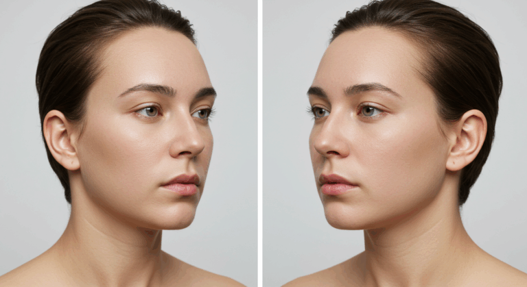 Profile view of a young woman before and after a cosmetic procedure, showcasing changes in facial symmetry and jawline contouring.