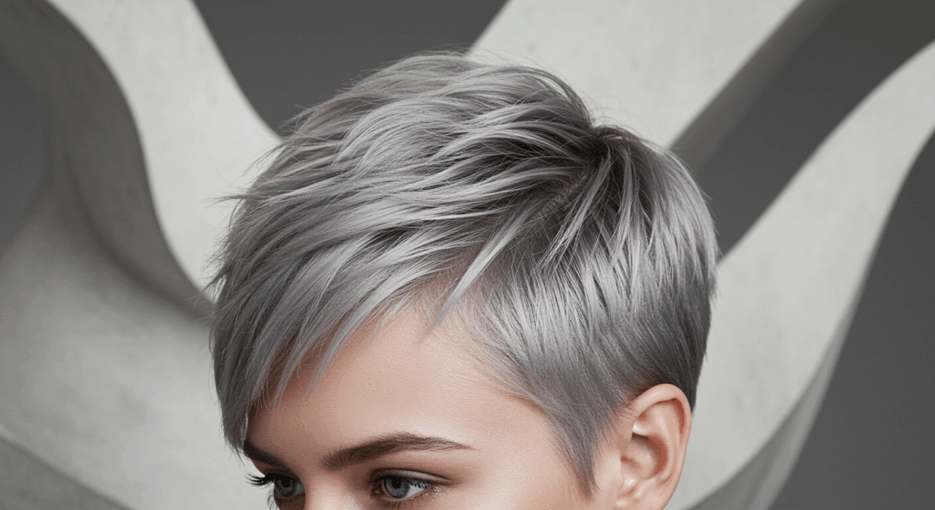 Primer plano de una persona con cabello corto, liso y plateado, peinado con raya al lado. El fondo presenta curvas abstractas en gris y blanco.