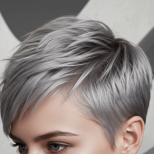 A close-up image of a person with short, sleek silver hair styled with a side part. The background features abstract grey and white curves.