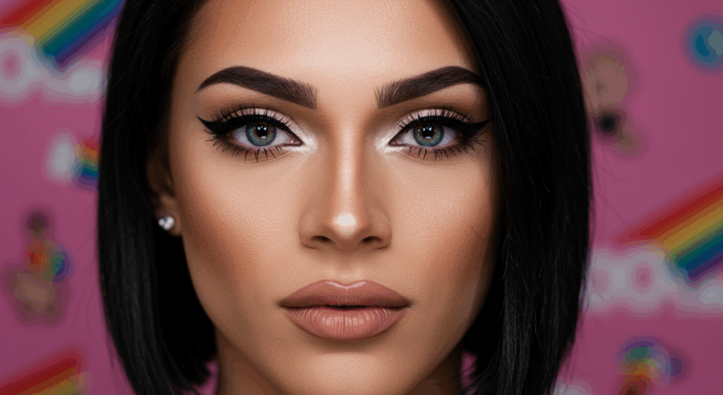 A close-up portrait of a woman with striking green eyes, bold eyebrows, and glossy nude lips. She has dark hair styled in a sleek bob and wears a small pearl earring. The background features a vibrant pink color with blurred rainbow and unicorn elements.