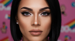 Retrato en primer plano de una mujer con llamativos ojos verdes, cejas definidas y labios nude brillantes. Tiene el cabello oscuro peinado con un elegante corte bob y luce un pequeño pendiente de perla. El fondo presenta un vibrante color rosa con elementos difuminados de arcoíris y unicornios.