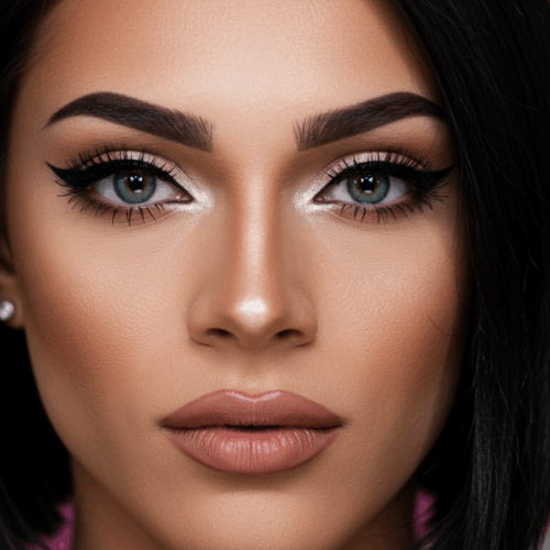 Retrato en primer plano de una mujer con llamativos ojos verdes, cejas definidas y labios nude brillantes. Tiene el cabello oscuro peinado con un elegante corte bob y luce un pequeño pendiente de perla. El fondo presenta un vibrante color rosa con elementos difuminados de arcoíris y unicornios.