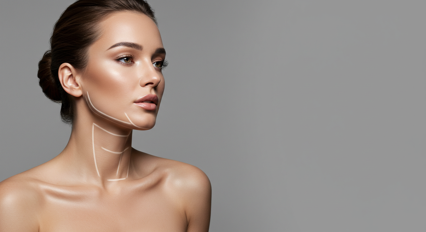 A woman's face with highlighted areas around the jawline and neck, indicating potential treatment zones for cosmetic procedures.