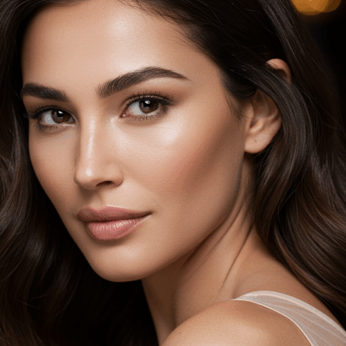 Un retrato en primer plano de una mujer con cabello oscuro y ondulado, maquillaje natural y una sonrisa sutil, mirando directamente a la cámara.