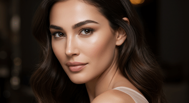A close-up portrait of a woman with dark wavy hair, natural makeup, and a subtle smile, looking directly at the camera.