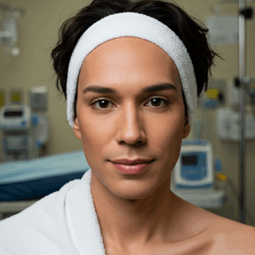 Una mujer que lleva una diadema blanca y una toalla alrededor de los hombros, de pie en un entorno médico con equipo hospitalario visible en el fondo.
