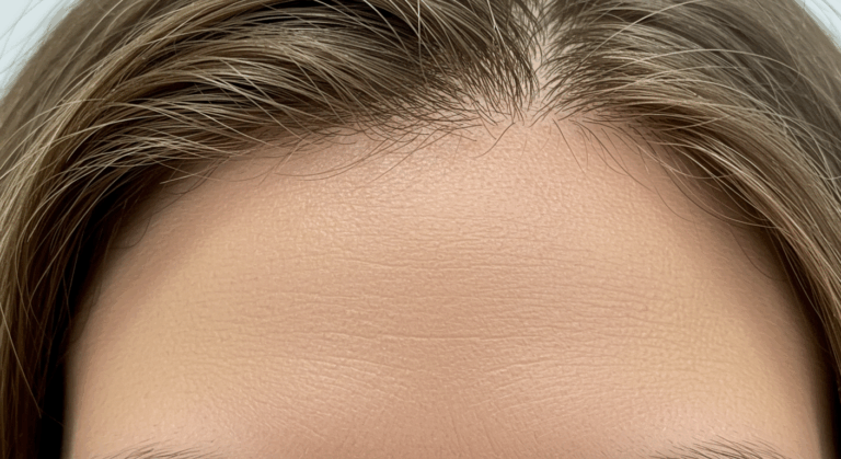 Close-up view of a person's forehead with visible hairline and smooth skin texture.