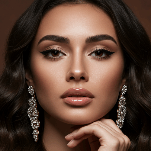 Un glamoroso retrato de una mujer con cabello oscuro, largo y ondulado, con un maquillaje dramático, ojos ahumados y labios nude. Luce grandes pendientes de diamantes colgantes y posa con la mano tocándose suavemente la barbilla. El fondo es de un marrón suave y cálido con sutiles destellos.