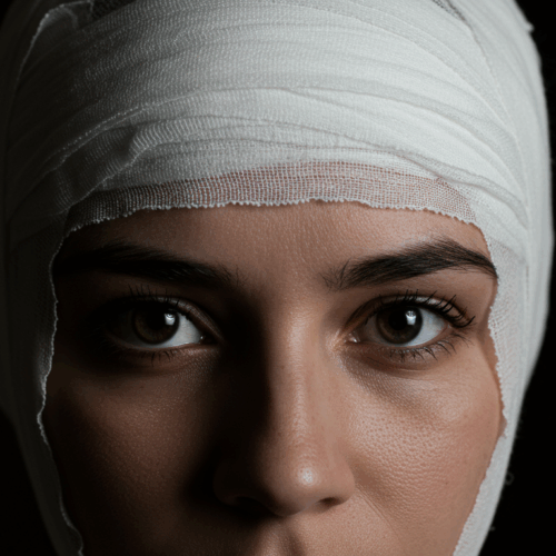 A close-up portrait of a person with their head wrapped in white bandages, looking directly at the camera with a neutral expression. The background is dark, emphasizing the person's face and the texture of the bandages.