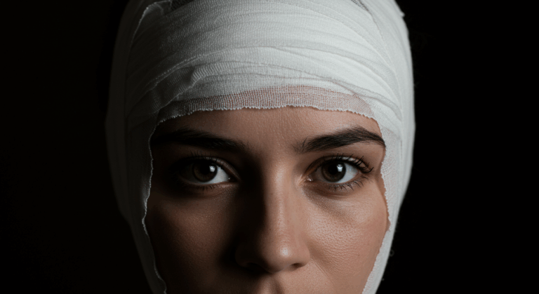 A close-up portrait of a person with their head wrapped in white bandages, looking directly at the camera with a neutral expression. The background is dark, emphasizing the person's face and the texture of the bandages.