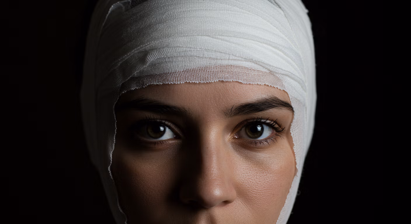 صورة مقربة لشخصٍ مُغطّى رأسه بضمادات بيضاء، ينظر مباشرةً إلى الكاميرا بتعبيرٍ محايد. الخلفية داكنة، تُبرز وجه الشخص وملمس الضمادات.