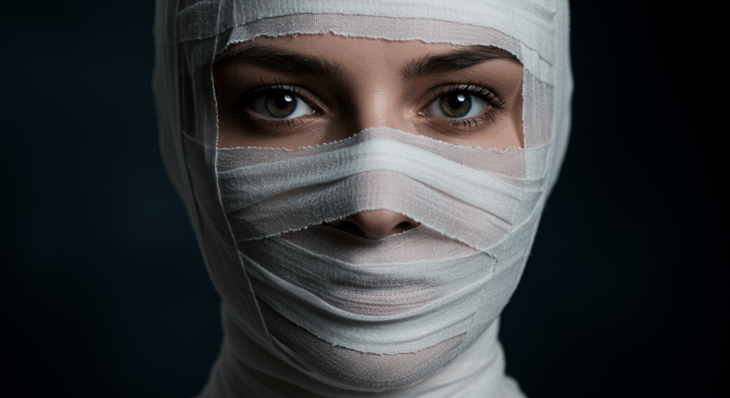 A person with their face wrapped in white bandages, with only their eyes and nose visible.