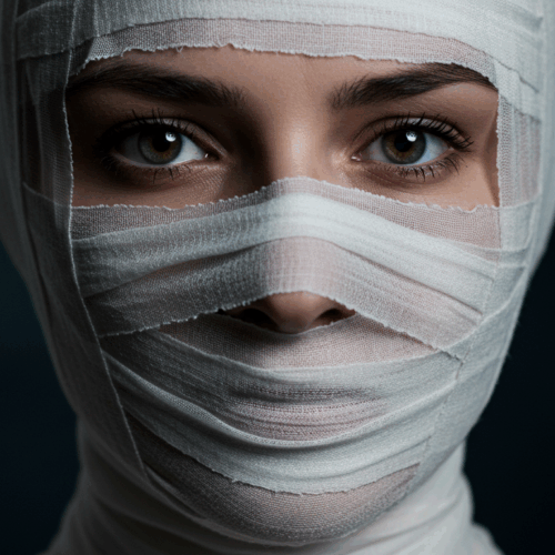 A person with their face wrapped in white bandages, with only their eyes and nose visible.