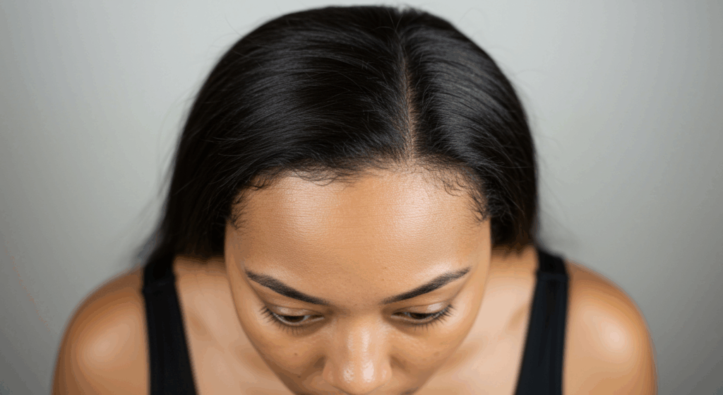 A close-up image of a woman looking downward, with smooth hair and clear skin, wearing a black top against a neutral background.