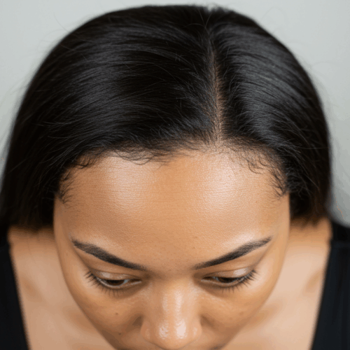 A close-up image of a woman looking downward, with smooth hair and clear skin, wearing a black top against a neutral background.