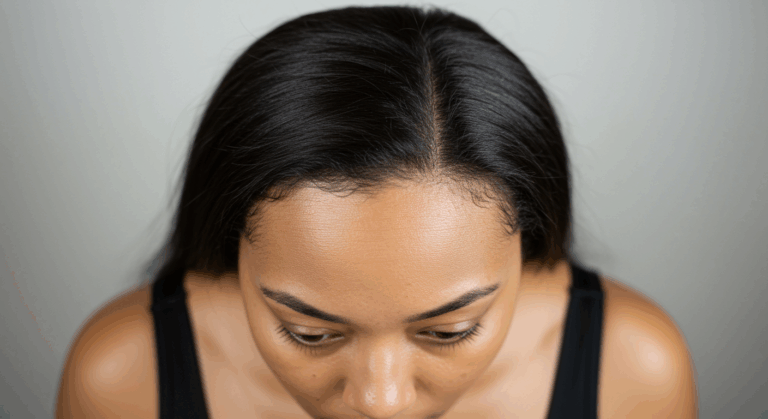 Nötr bir arka plan önünde siyah bir üst giymiş, düz saçlı ve temiz tenli, aşağı bakan bir kadının yakın çekim görüntüsü.