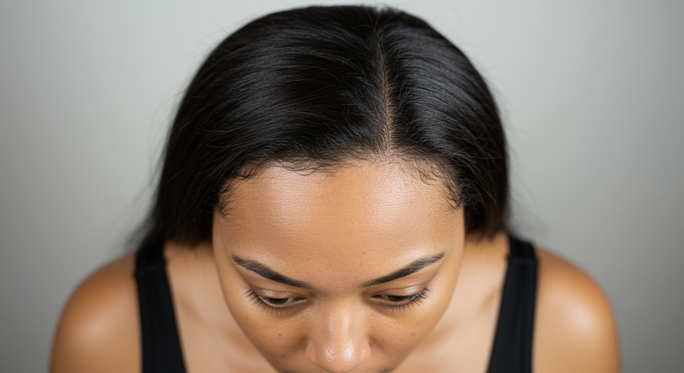 Una imagen de primer plano de una mujer mirando hacia abajo, con cabello liso y piel clara, vistiendo una blusa negra sobre un fondo neutro.