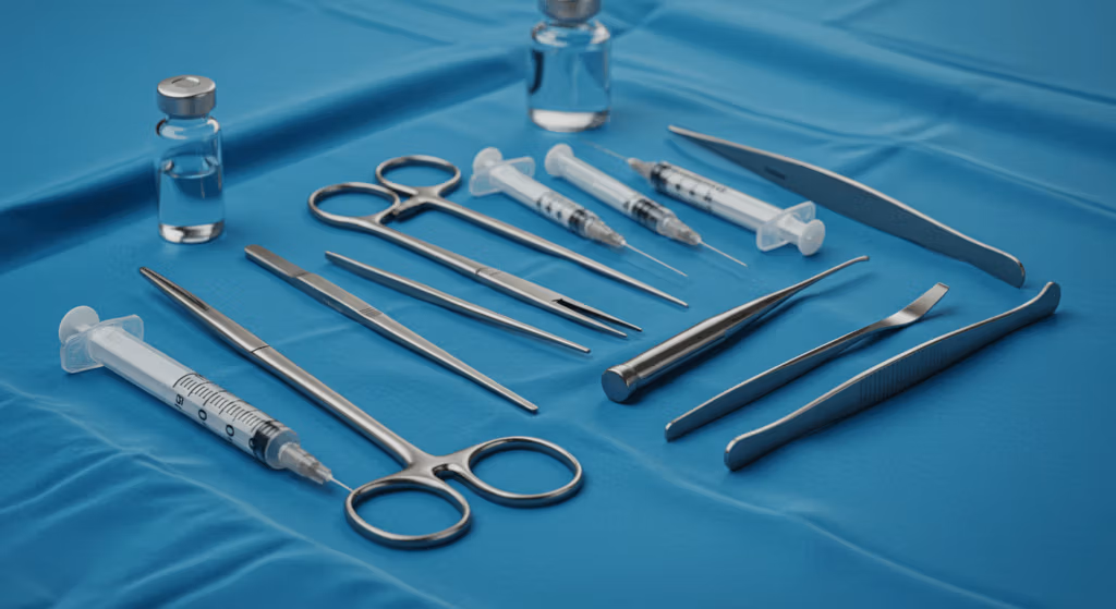 Surgical instruments and syringes arranged on a blue medical cloth
